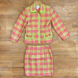 Vintage Rickie Freeman Teri Jon Women's Suit Pink Green Lavender Check Size 4